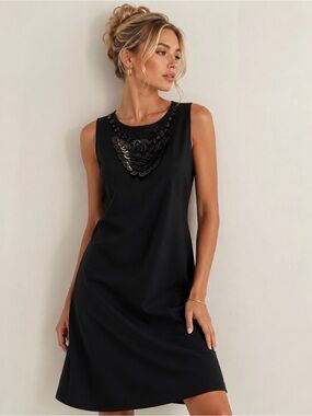 Kasper Black Sleeveless Sequin-Neck Dress